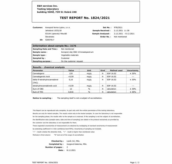 CBG olej 10 % Full spectrum – Premium | Konopná farma Liptov certifikat